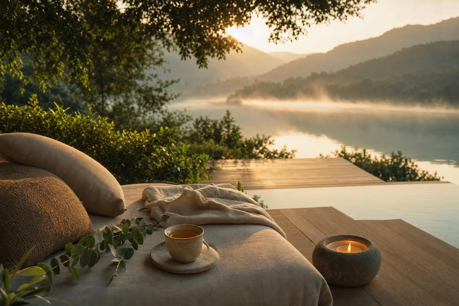 A serene wellness retreat at dawn, a linen daybed overlooking a still lake and misty forested hills