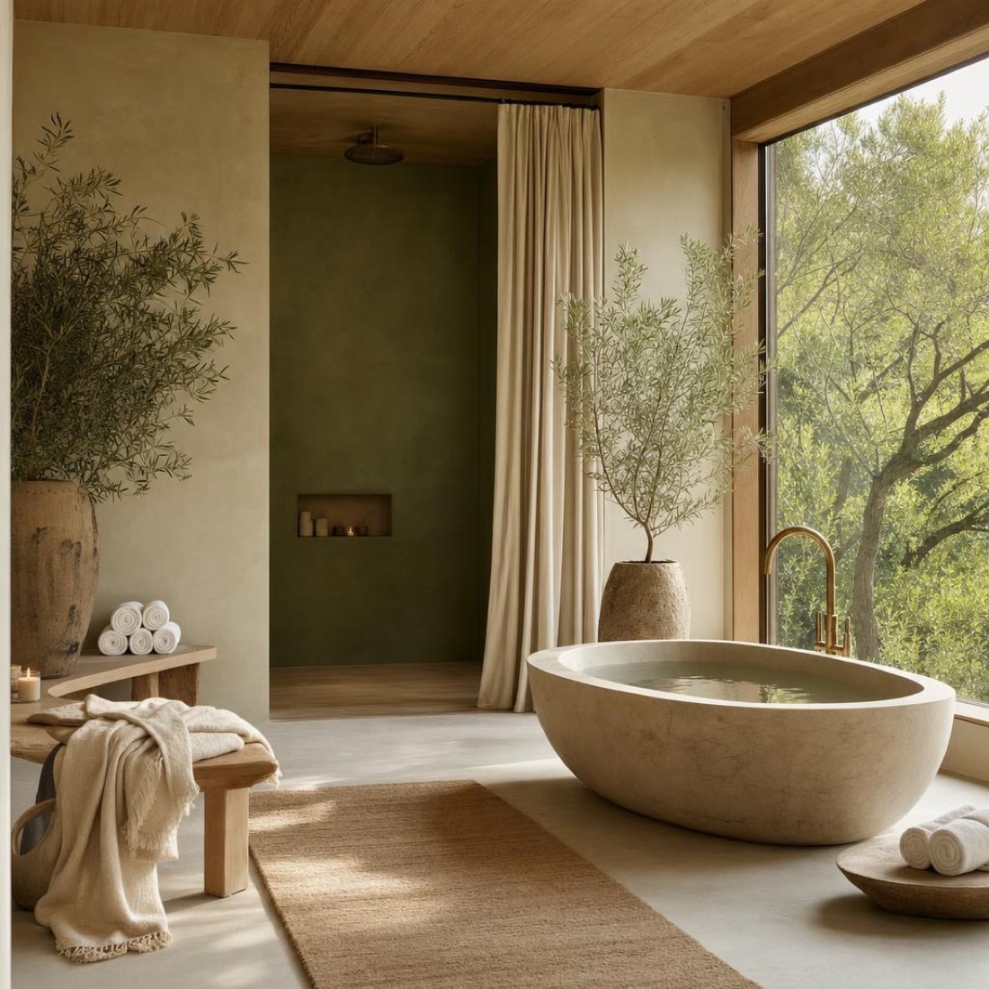 A restorative wellness sanctuary interior with a stone bath, natural light and greenery